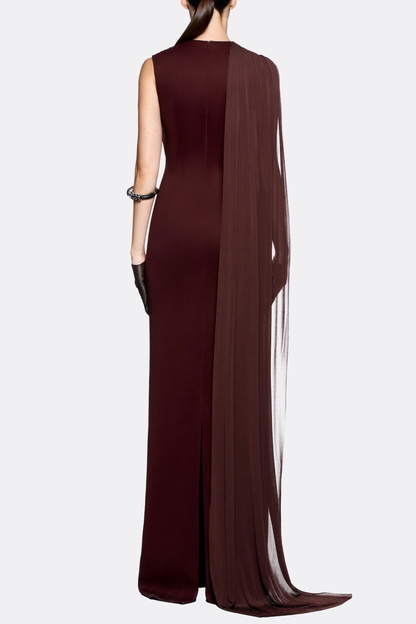 Leonel Sleeveless Cape Draped Maxi Dress - Brown