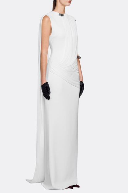 Leonel Sleeveless Cape Draped Maxi Dress - White
