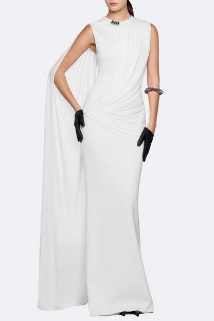 Leonel Sleeveless Cape Draped Maxi Dress - White