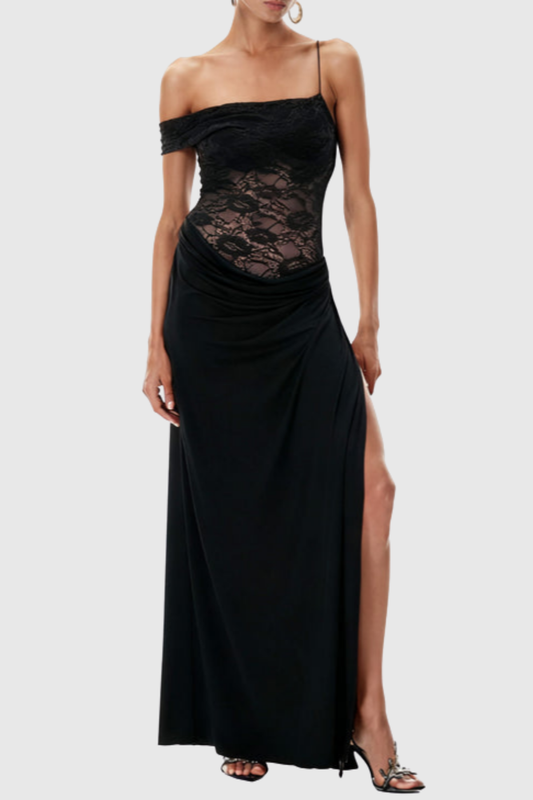 Leroy Lace Panel  Asymmetric Maxi Dress - Black