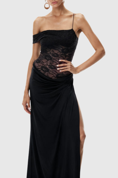 Leroy Lace Panel  Asymmetric Maxi Dress - Black