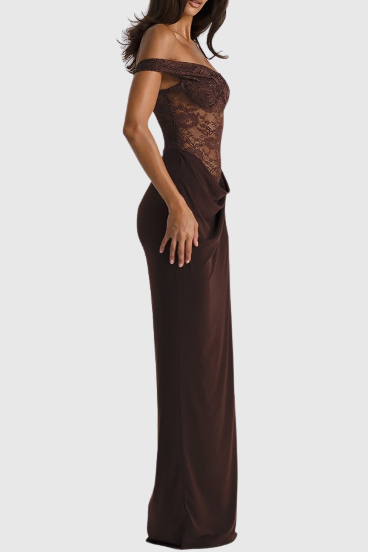 Leroy Lace Panel  Asymmetric Maxi Dress - Brown