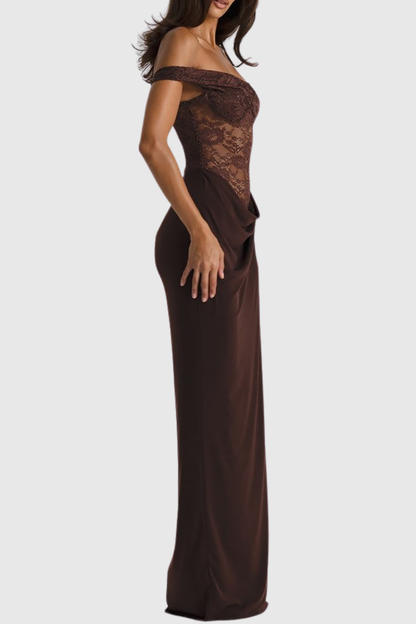 Leroy Lace Panel  Asymmetric Maxi Dress - Brown