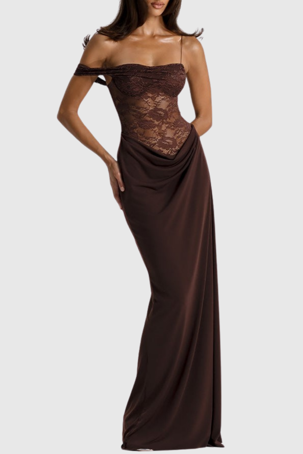 Leroy Lace Panel  Asymmetric Maxi Dress - Brown