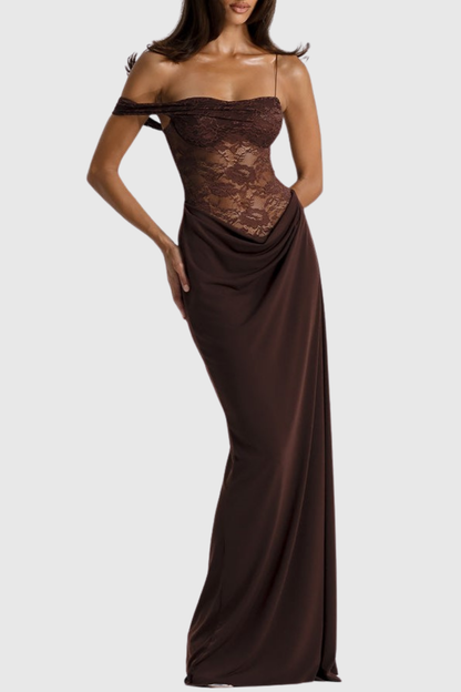 Leroy Lace Panel  Asymmetric Maxi Dress - Brown
