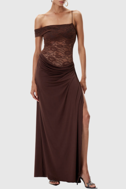 Leroy Lace Panel  Asymmetric Maxi Dress - Brown