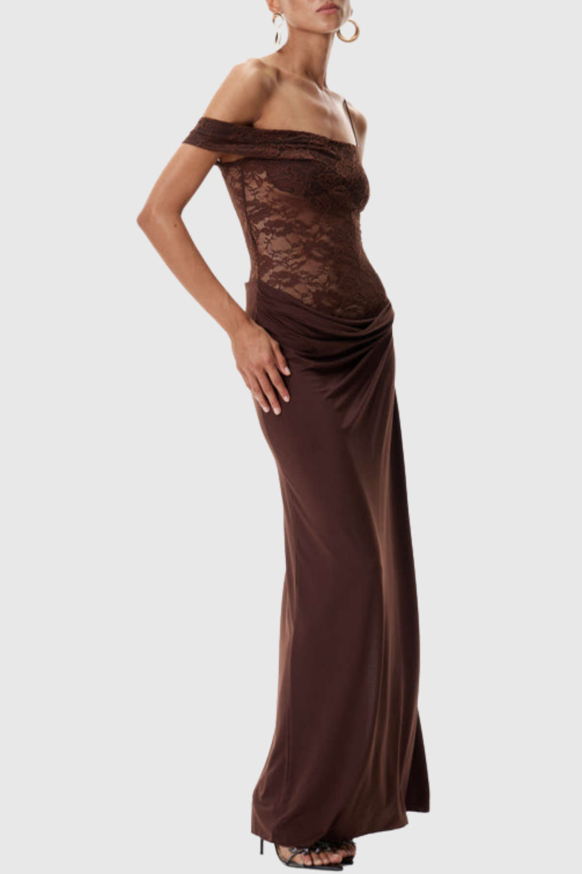 Leroy Lace Panel  Asymmetric Maxi Dress - Brown