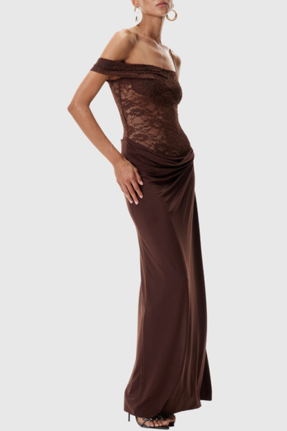 Leroy Lace Panel  Asymmetric Maxi Dress - Brown