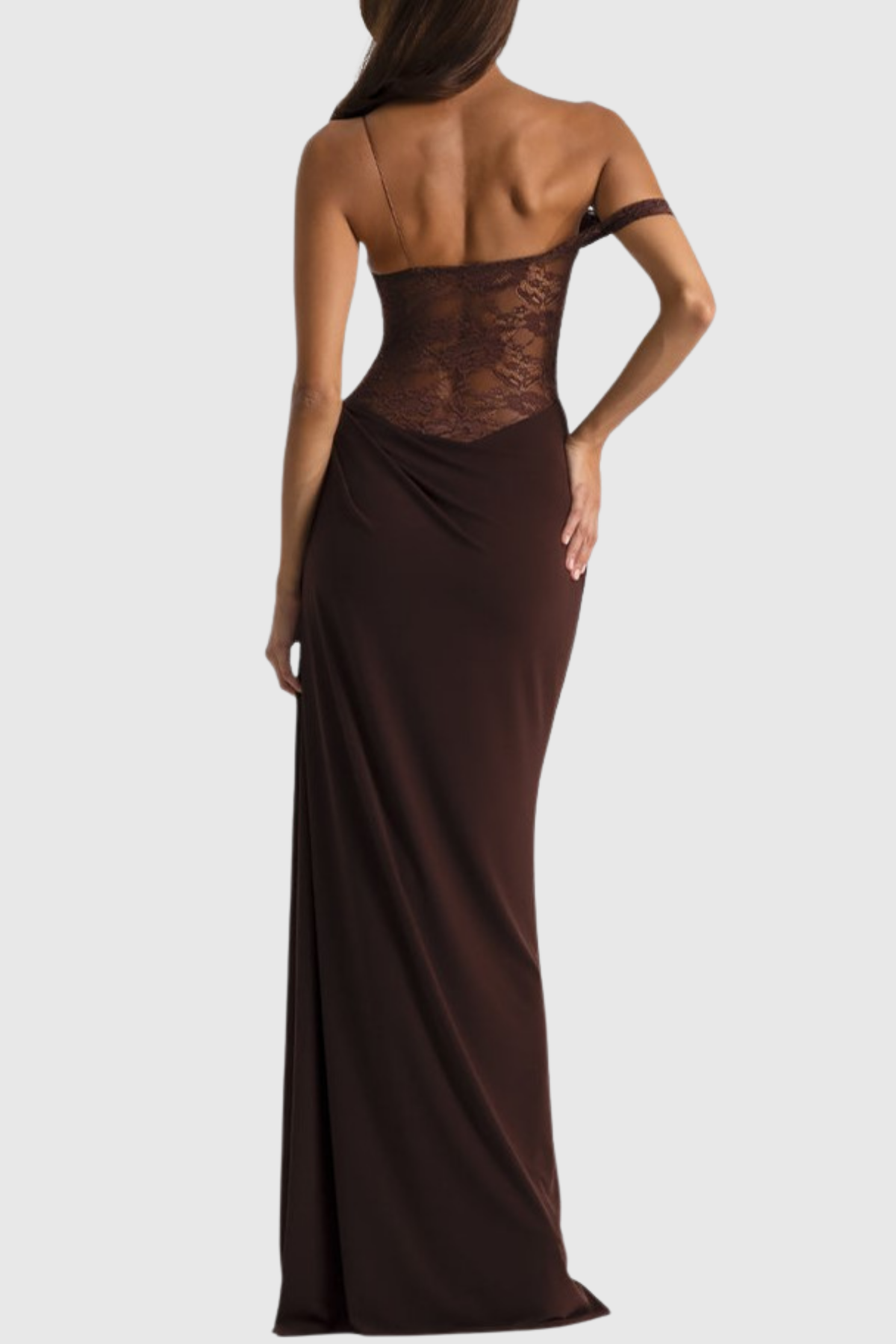 Leroy Lace Panel  Asymmetric Maxi Dress - Brown