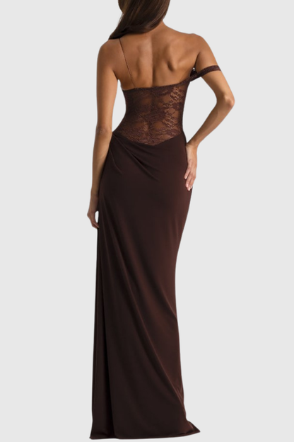 Leroy Lace Panel  Asymmetric Maxi Dress - Brown