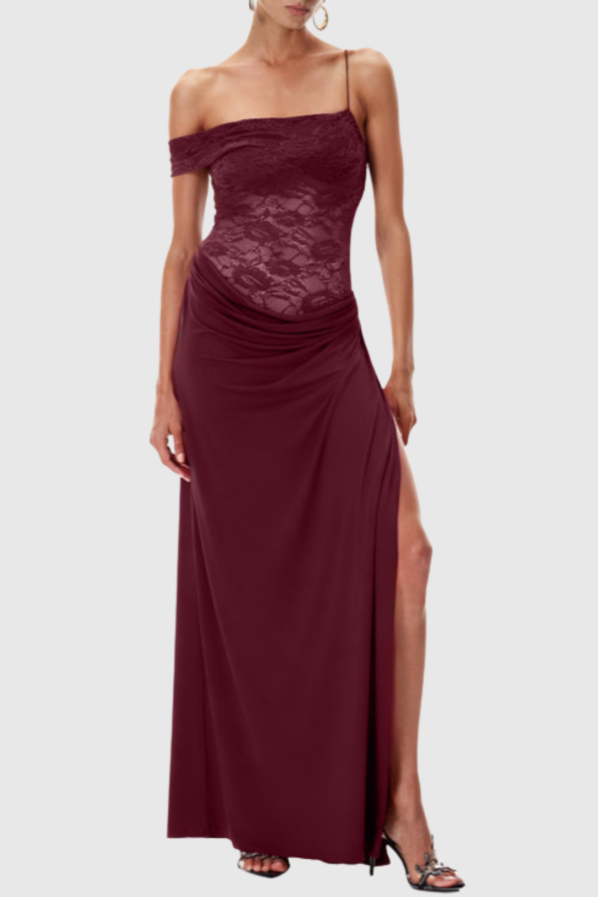 Leroy Lace Panel  Asymmetric Maxi Dress - Wine