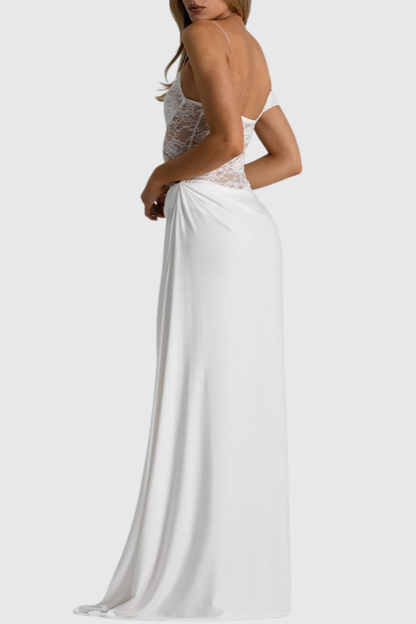 Leroy Lace Panel  Asymmetric Maxi Dress - White