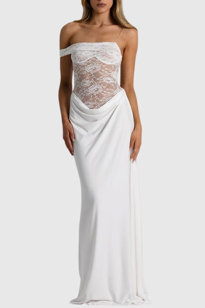 Leroy Lace Panel  Asymmetric Maxi Dress - White