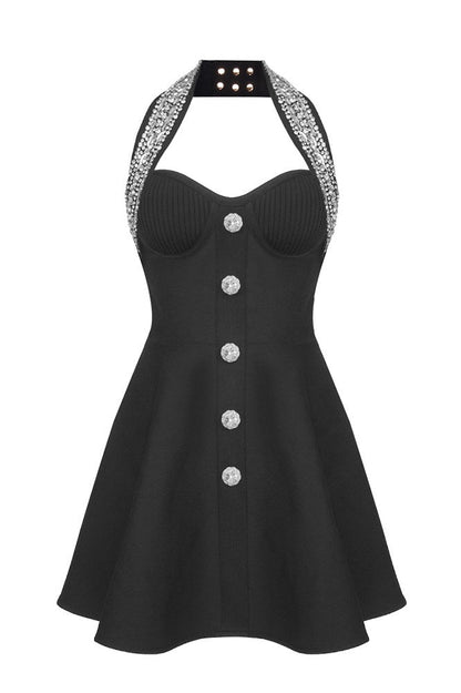 Leticia Crystal Halter Mini Bandage Dress - Black