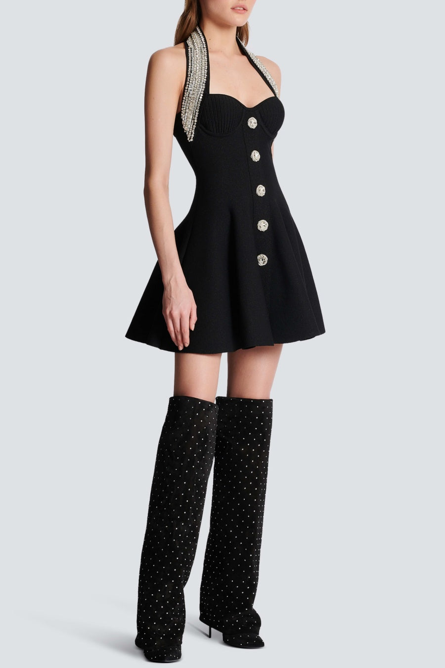 Leticia Crystal Halter Mini Bandage Dress - Black