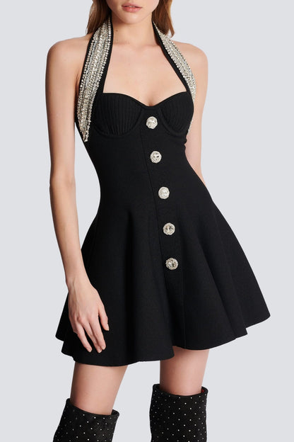Leticia Crystal Halter Mini Bandage Dress - Black