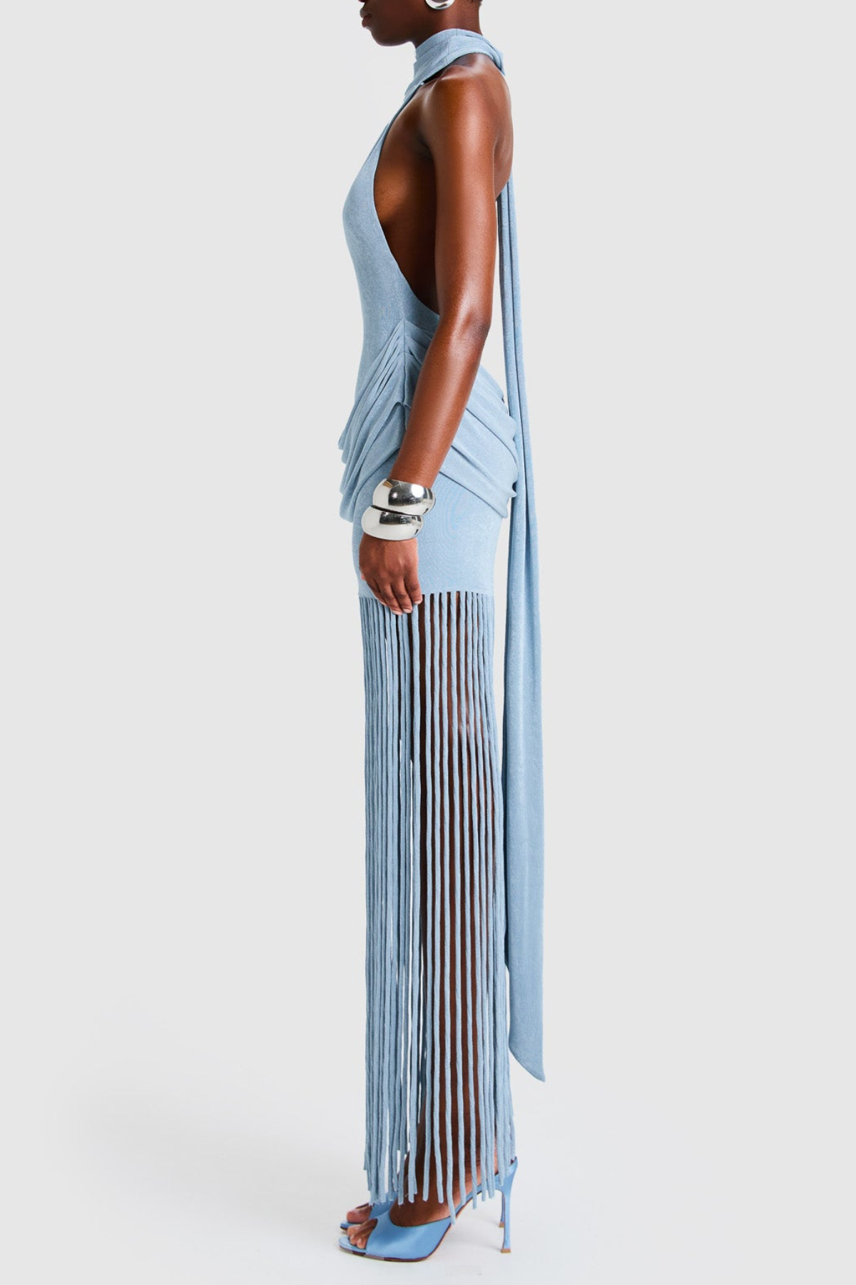 Leto Halter Draped Fringe Maxi Dress - Blue