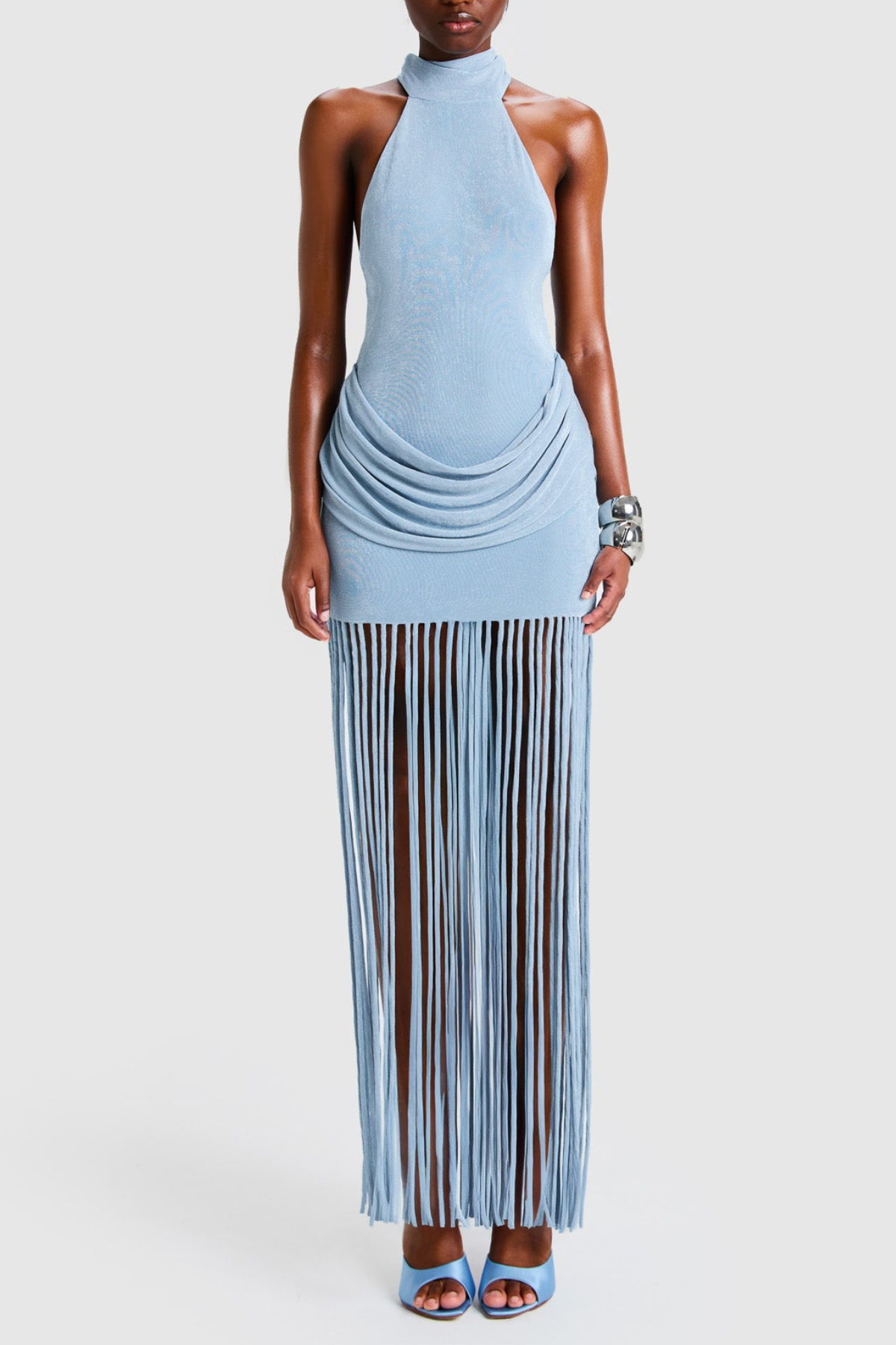 Leto Halter Draped Fringe Maxi Dress - Blue