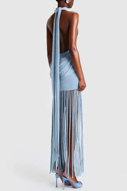 Leto Halter Draped Fringe Maxi Dress - Blue