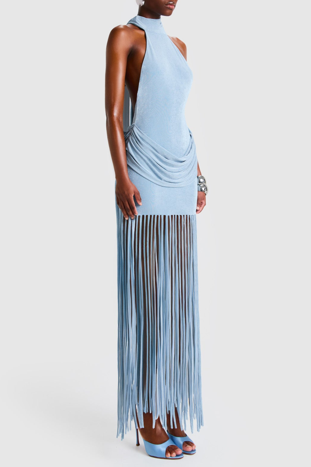 Leto Halter Draped Fringe Maxi Dress - Blue