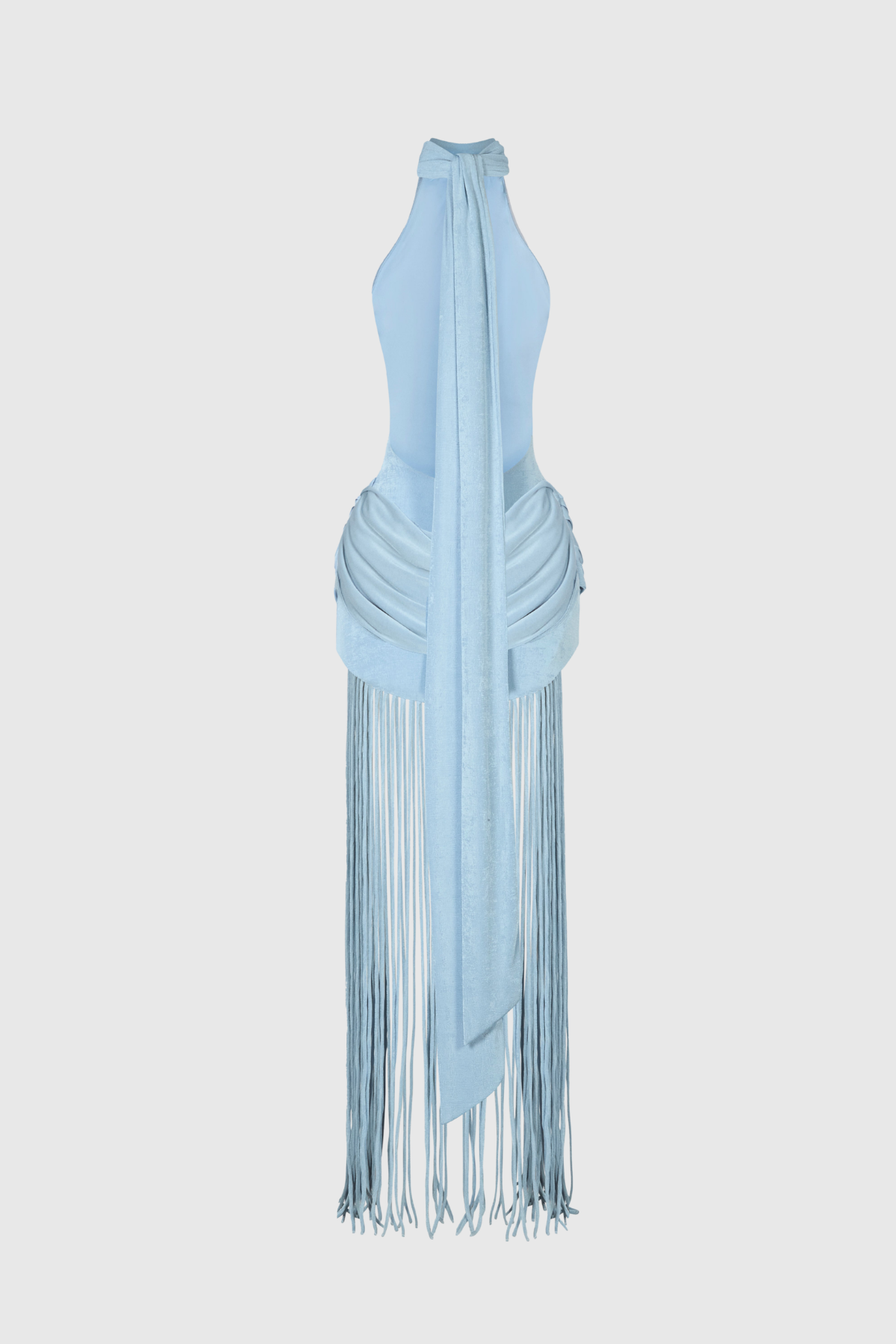 Leto Halter Draped Fringe Maxi Dress - Blue