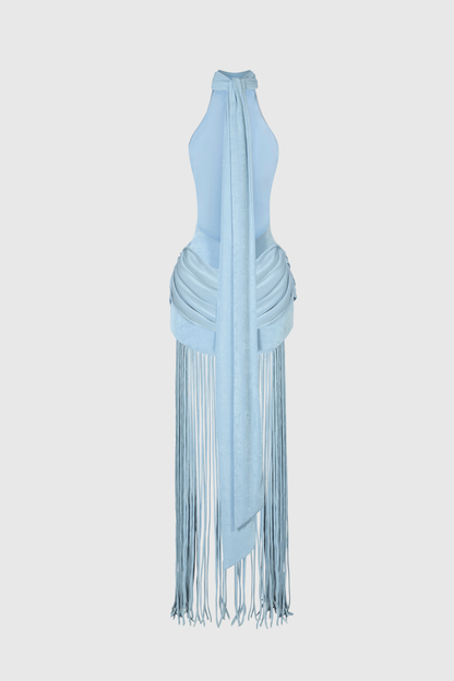Leto Halter Draped Fringe Maxi Dress - Blue