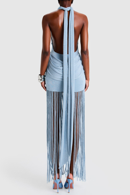 Leto Halter Draped Fringe Maxi Dress - Blue