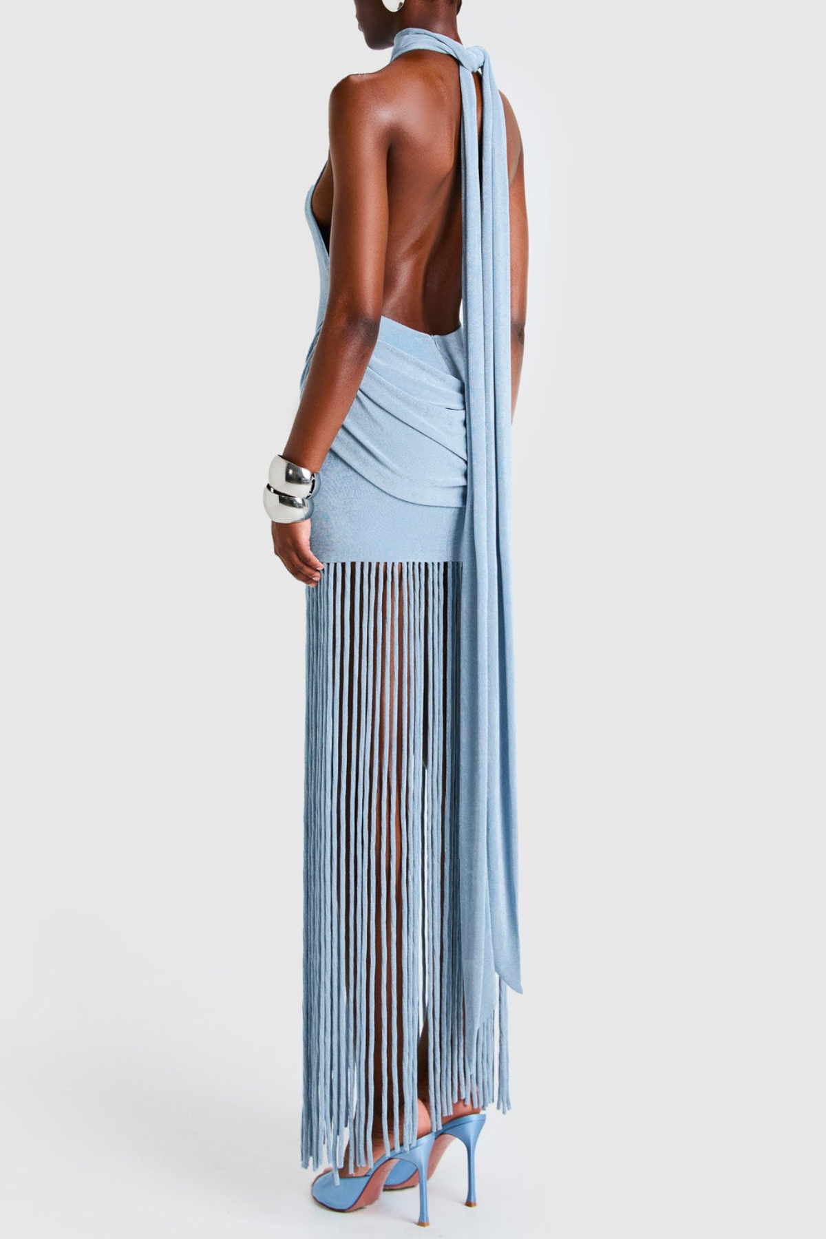 Leto Halter Draped Fringe Maxi Dress - Blue