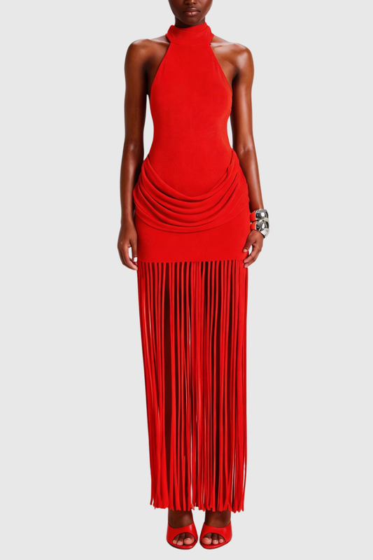 Leto Halter Draped Fringe Maxi Dress - Red
