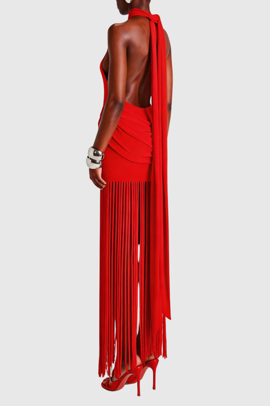 Leto Halter Draped Fringe Maxi Dress - Red