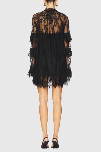 Lettice Lace Ruffle Mini Dress - Black