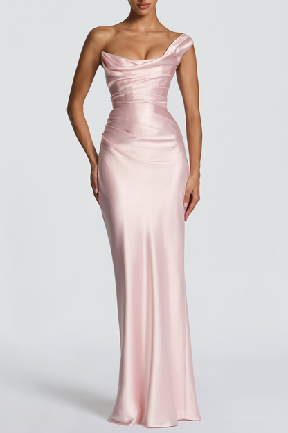 Levana One Shoulder Corset Satin Maxi Dress - Pink