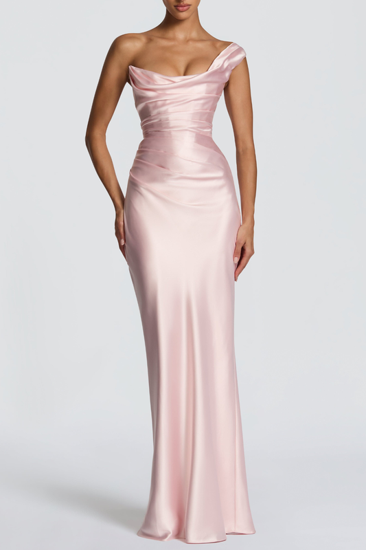 Levana One Shoulder Corset Satin Maxi Dress - Pink