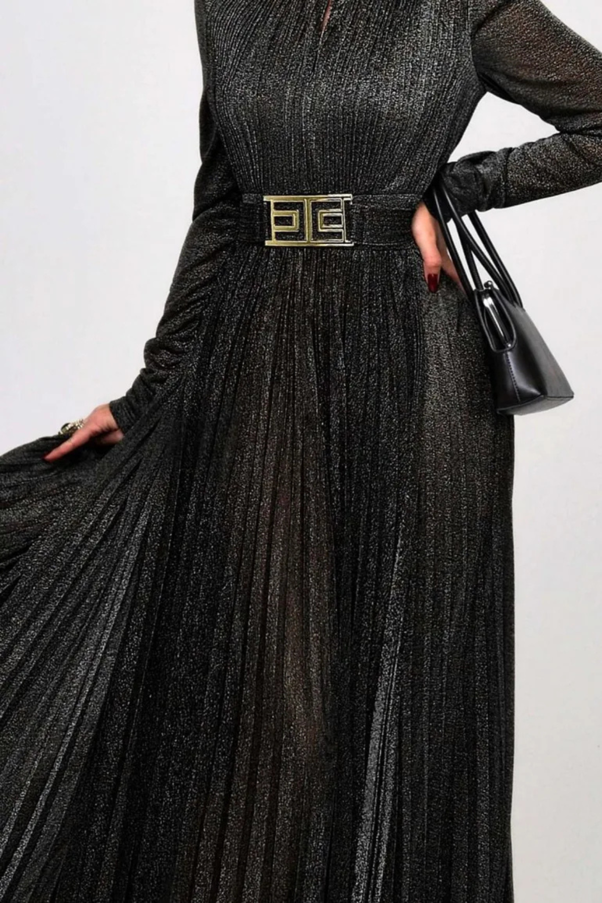Leyaia Metallic Pleated Belted Maxi Dress - Black