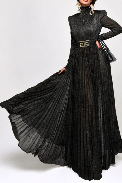 Leyaia Metallic Pleated Belted Maxi Dress - Black