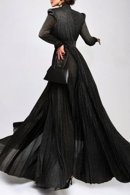 Leyaia Metallic Pleated Belted Maxi Dress - Black