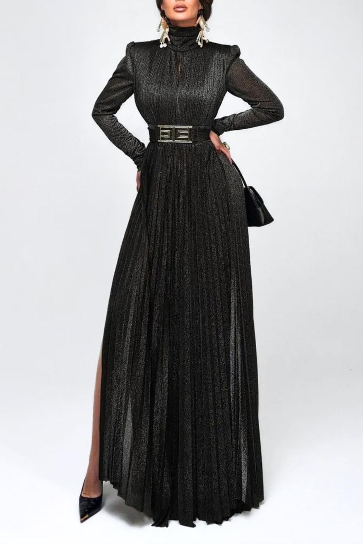Leyaia Metallic Pleated Belted Maxi Dress - Black