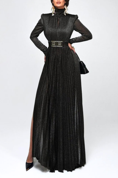 Leyaia Metallic Pleated Belted Maxi Dress - Black