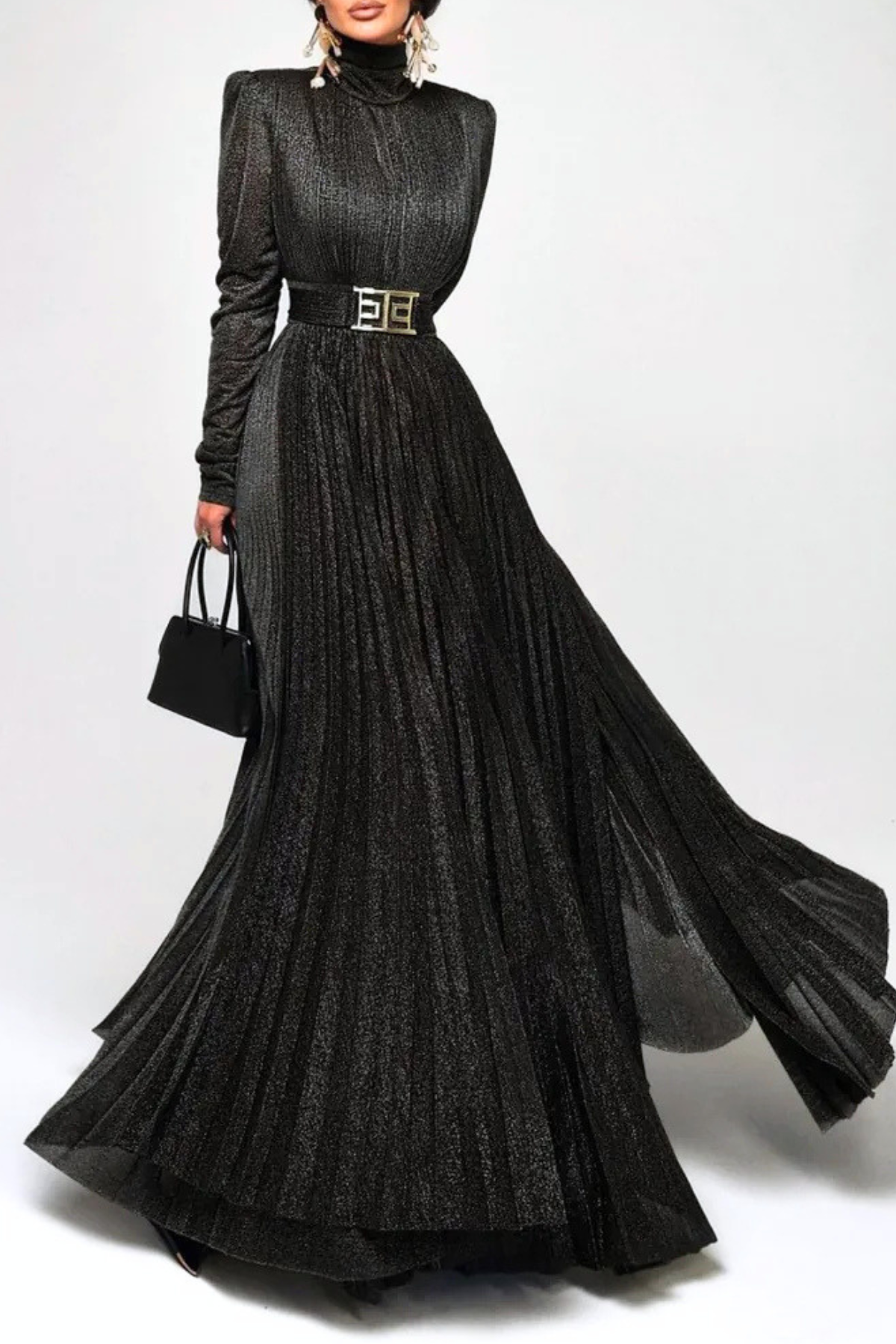 Leyaia Metallic Pleated Belted Maxi Dress - Black