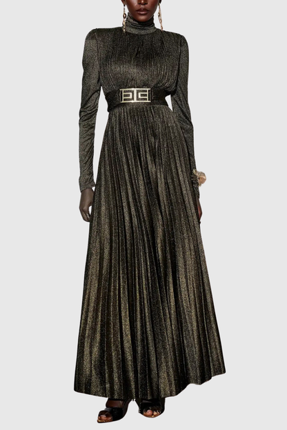 Leyaia Metallic Pleated Belted Maxi Dress - Gold