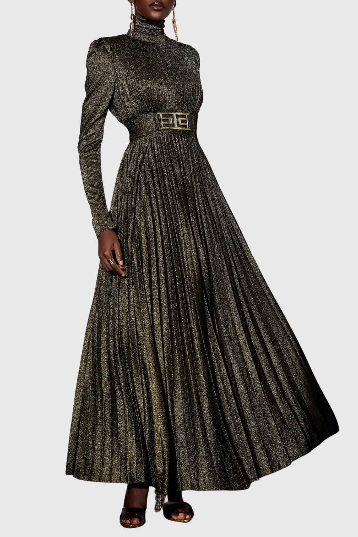 Leyaia Metallic Pleated Belted Maxi Dress - Gold