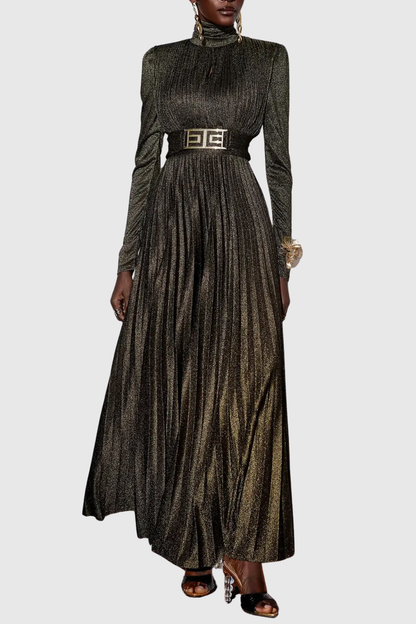 Leyaia Metallic Pleated Belted Maxi Dress - Gold