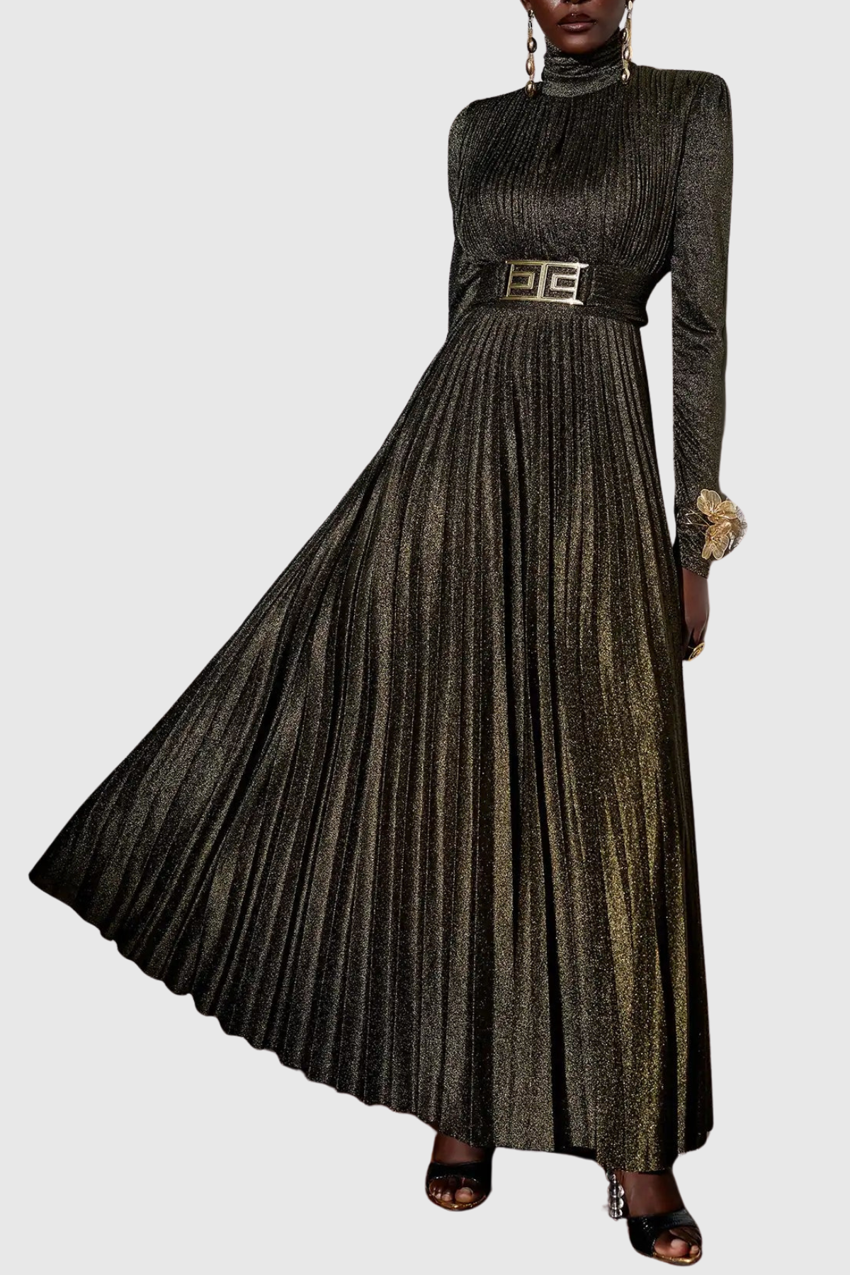 Leyaia Metallic Pleated Belted Maxi Dress - Gold