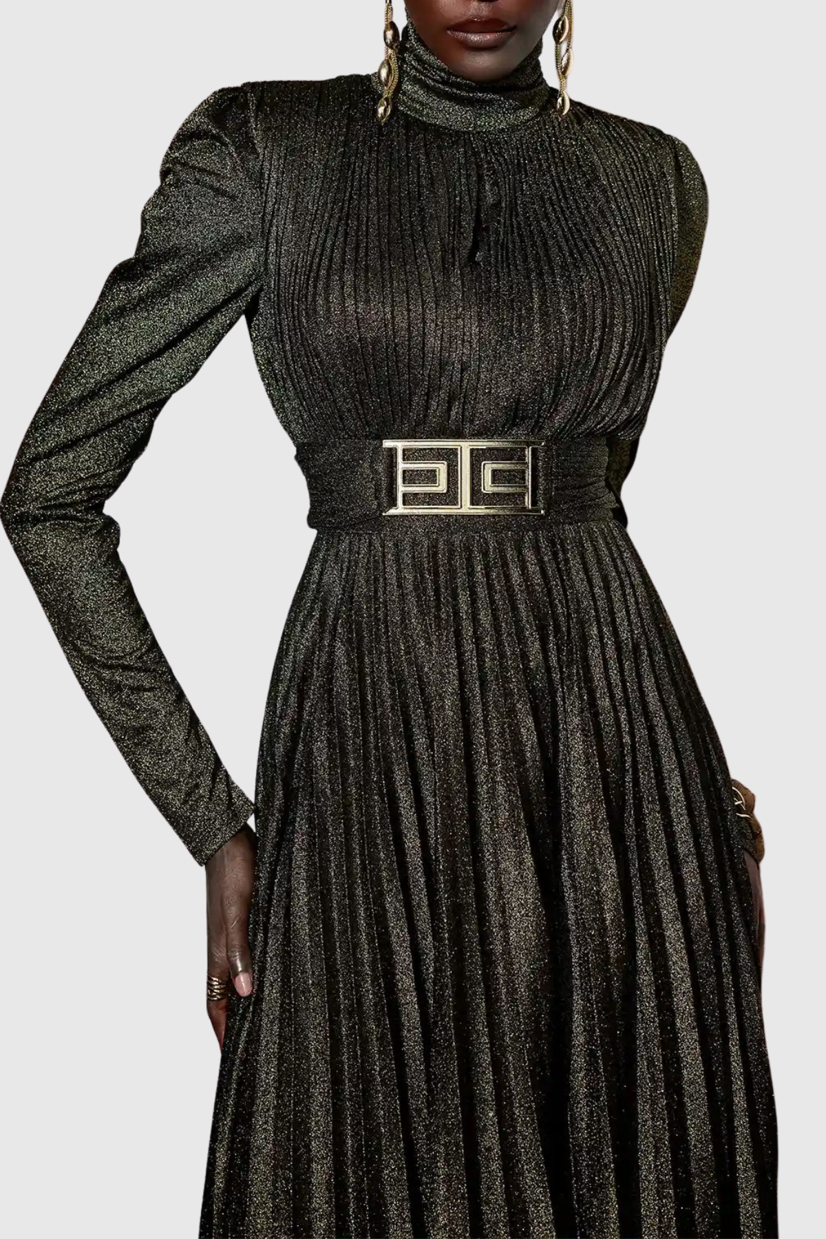 Leyaia Metallic Pleated Belted Maxi Dress - Gold