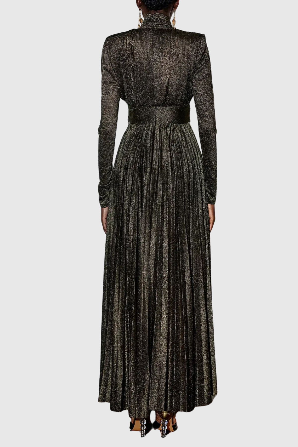 Leyaia Metallic Pleated Belted Maxi Dress - Gold
