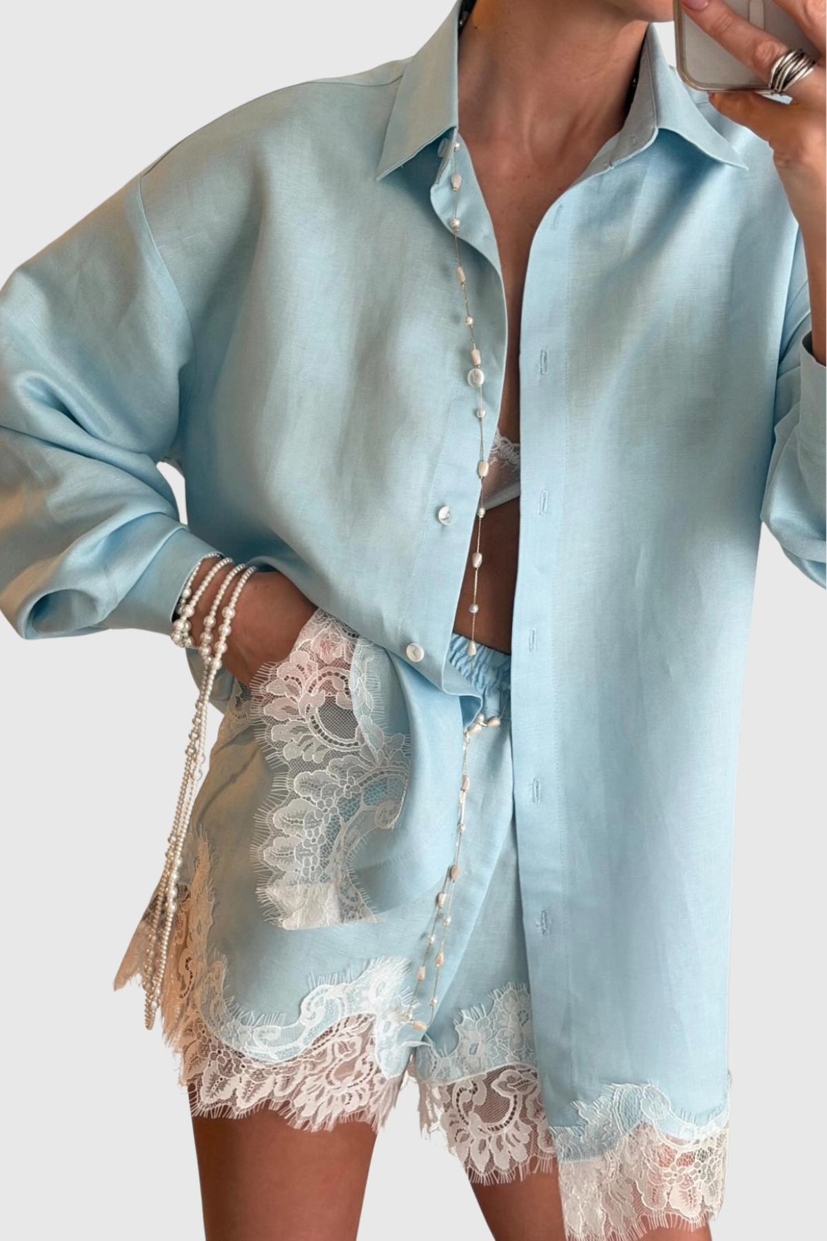 Leylan Lace Shirt & Shorts Set - Blue