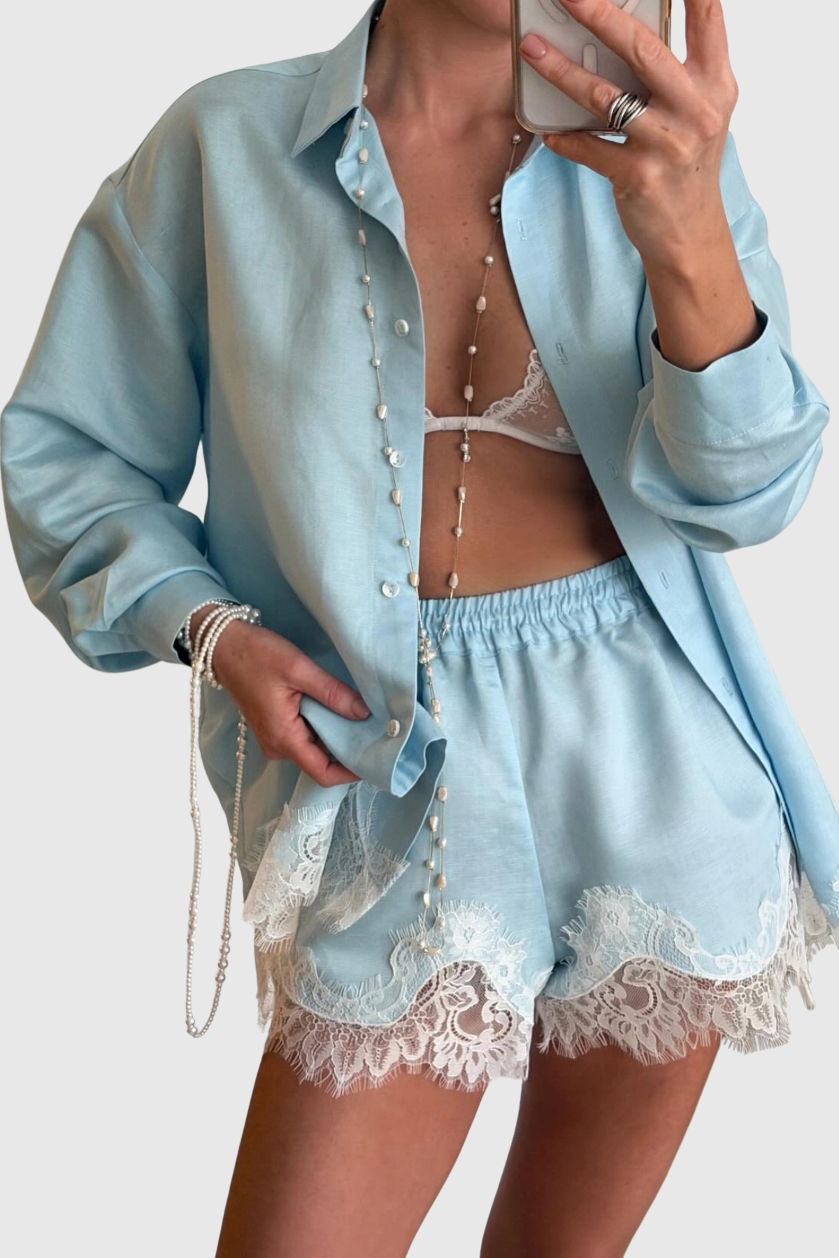 Leylan Lace Shirt & Shorts Set - Blue
