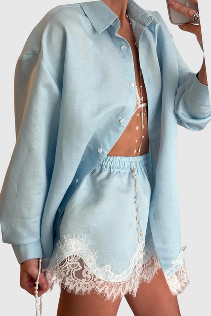 Leylan Lace Shirt & Shorts Set - Blue