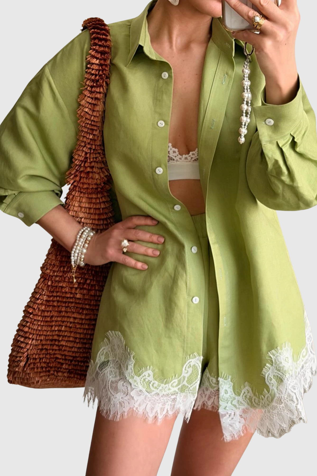 Leylan Lace Shirt & Shorts Set - Green