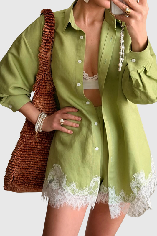 Leylan Lace Shirt & Shorts Set - Green